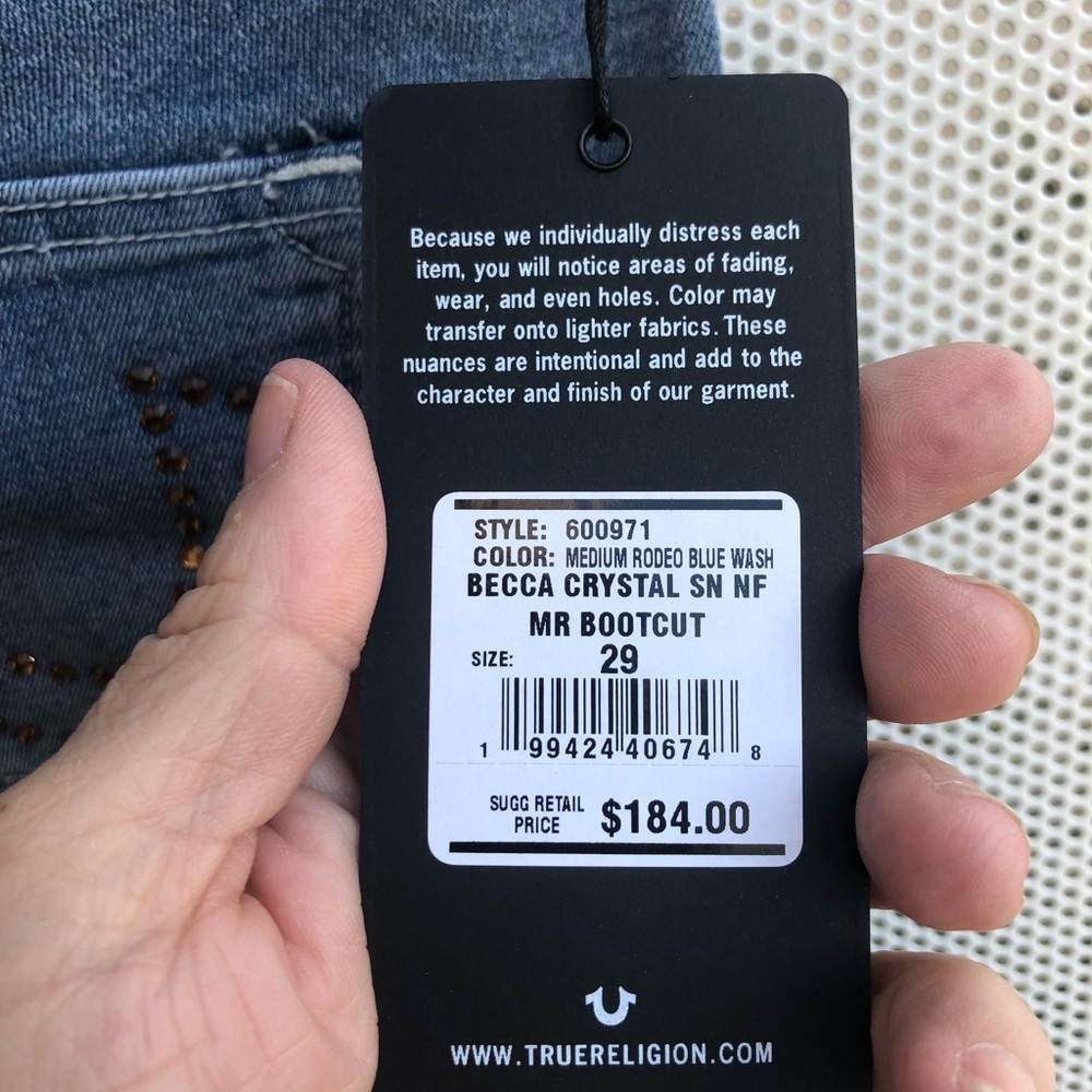 True Religion Mid Blue Bootcut Jeans with Amber Crystal Embellishment - Picture 7 of 11